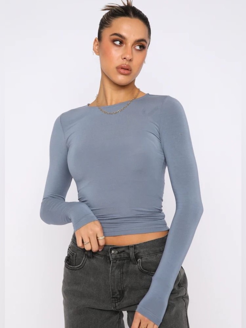 White Fox Boutique Long Sleeve Crewneck Top - Slate Blue